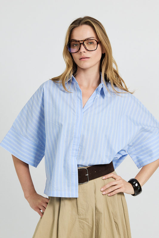 Monroe Oversized Batwing Stripe Shirt –Sky Blue