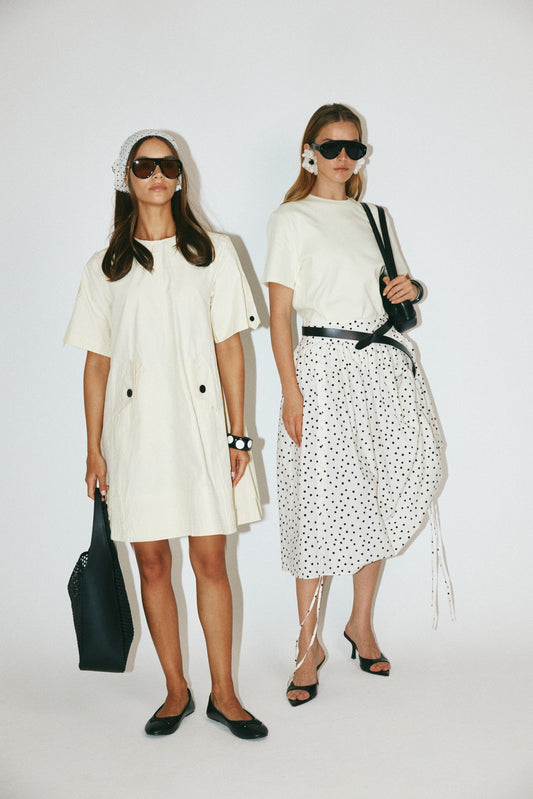 Balloon Drawstring Midi Skirt - Cream Polka Dot