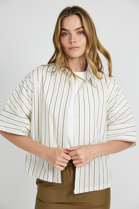 Monroe Oversized Batwing Stripe Shirt –Cream & Coffee