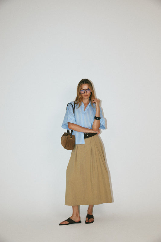 Classic Cotton A-Line Midi Skirt – Beige