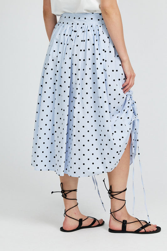 Balloon Drawstring Midi Skirt - Light Blue Polka Dot