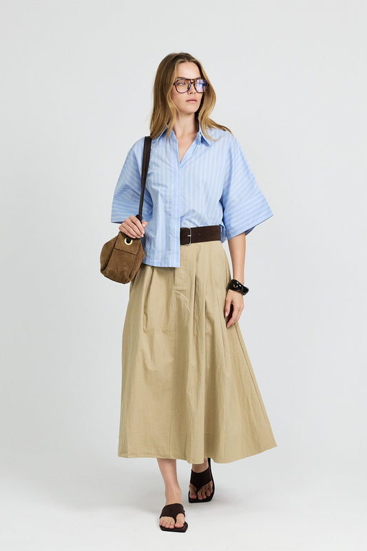 Classic Cotton A-Line Midi Skirt – Beige