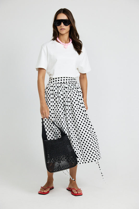 Balloon Drawstring Midi Skirt - White Large Polka Dot