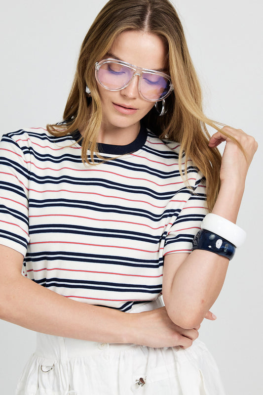 Classic Cotton Rib Striped T Shirt – cream-Navy