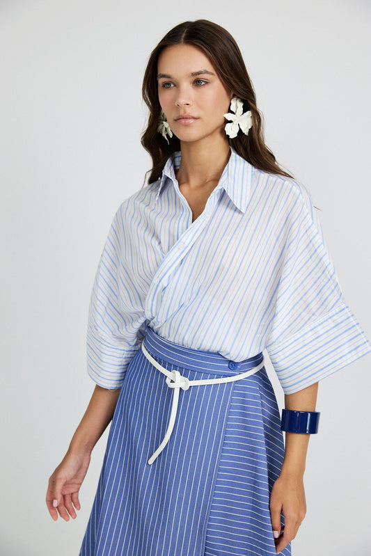 Monroe Oversized Batwing Stripe Shirt –White & Sky Blue