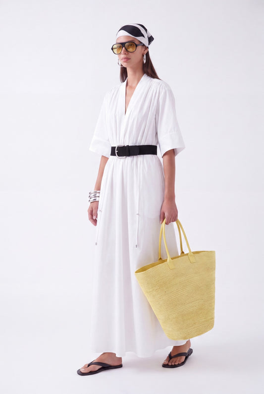 AURELIA CINCHED MIDI DRESS - לבן