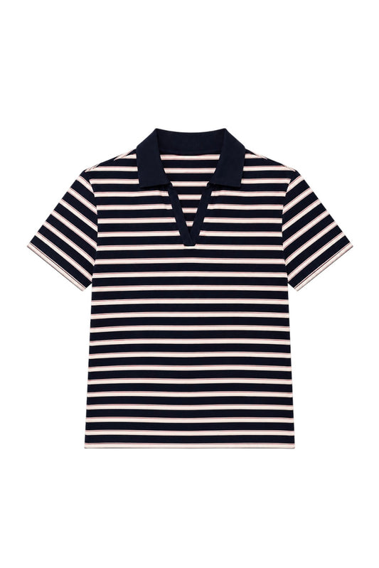 Classic Rib Striped Polo T Shirt-Navy & Cream