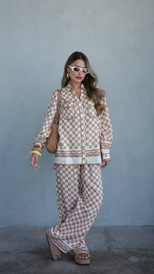 חליפת מכנס ברבדוס משבצות | בז/חום