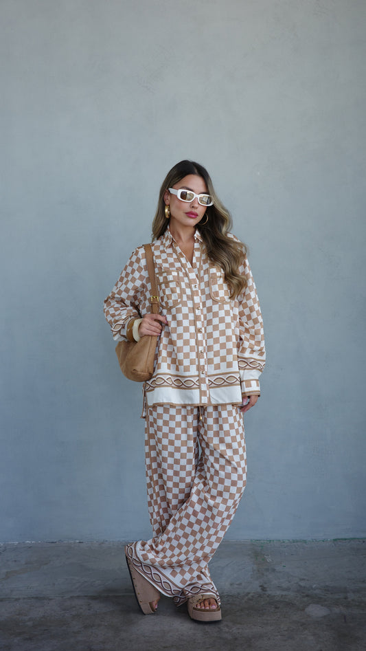 חליפת מכנס ברבדוס משבצות | בז/חום