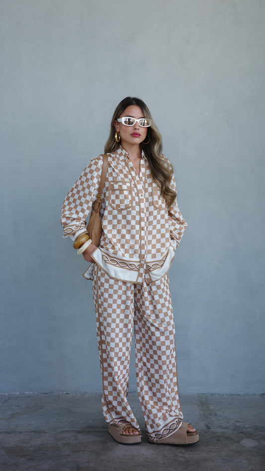 חליפת מכנס ברבדוס משבצות | בז/חום