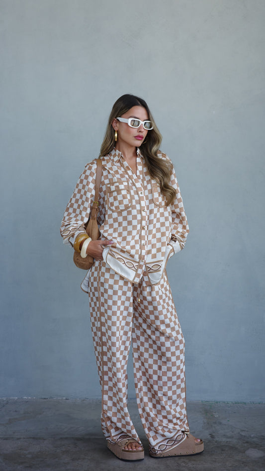 חליפת מכנס ברבדוס משבצות | בז/חום