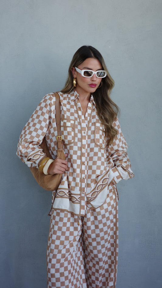 חליפת מכנס ברבדוס משבצות | בז/חום