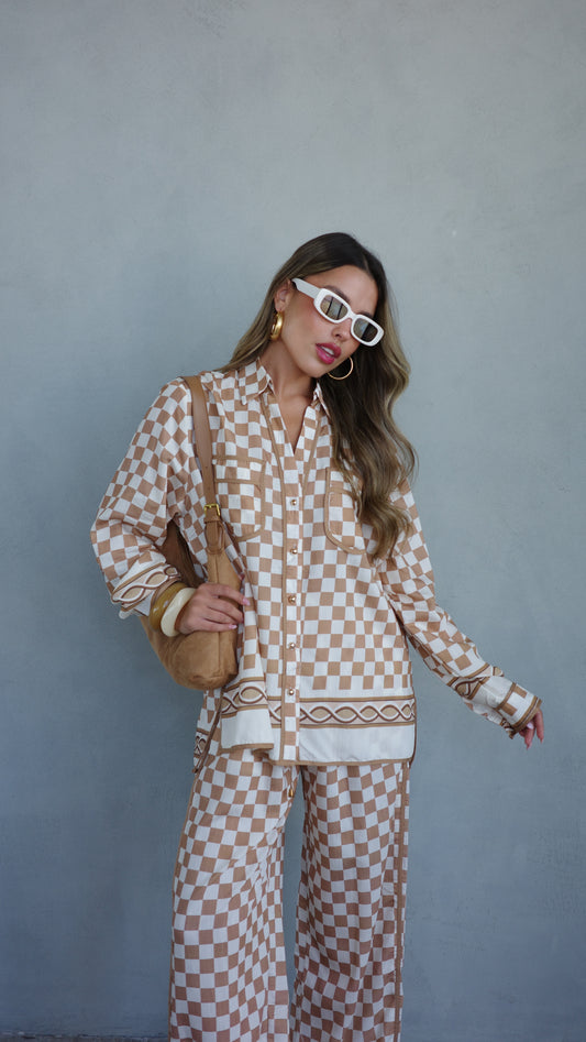 חליפת מכנס ברבדוס משבצות | בז/חום