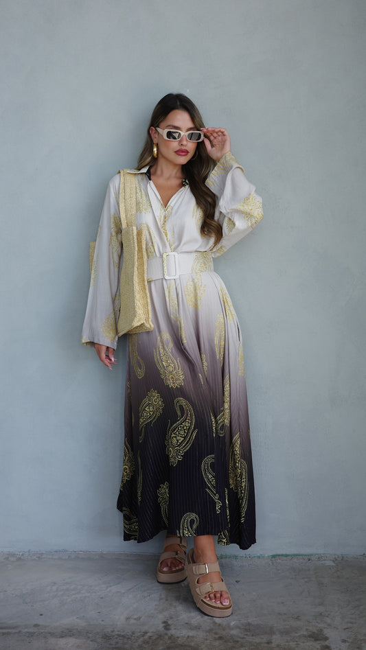 גלביה צווארון חגורה לורקס פיזלי | בז/חום