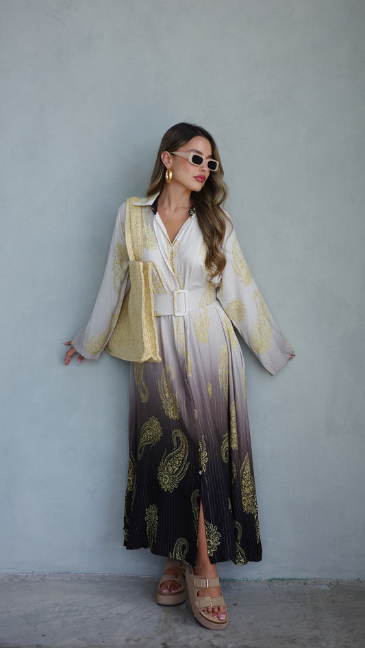 גלביה צווארון חגורה לורקס פיזלי | בז/חום