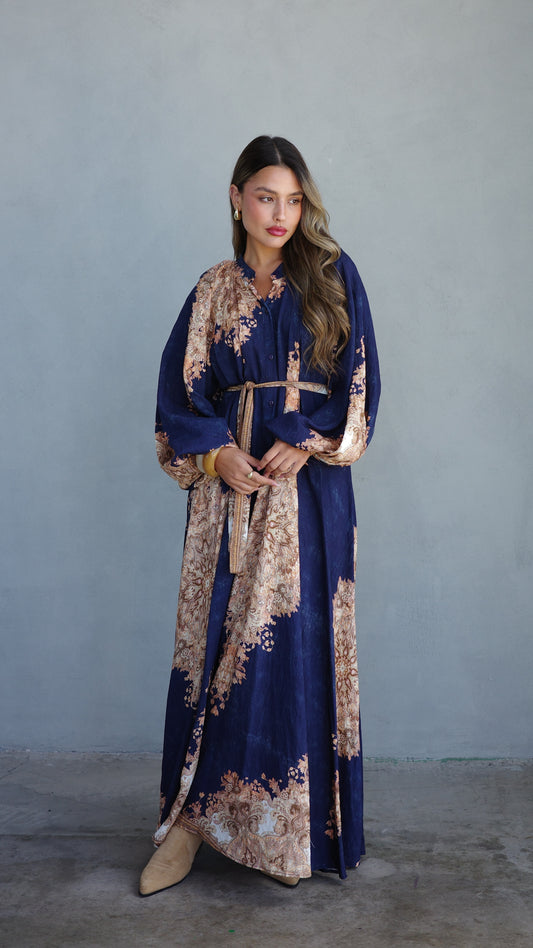 שמלת קלוש כפתורים בוהו שיק | כחול נייבי