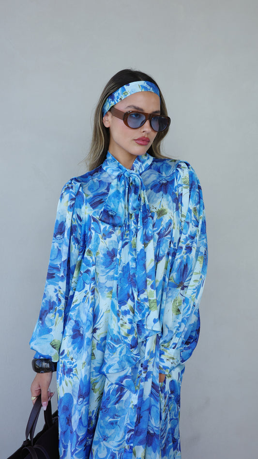 שמלת קלוש כפתורים שיפון מודפס ארמני | תכלת