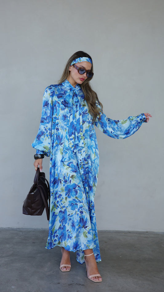 שמלת קלוש כפתורים שיפון מודפס ארמני | תכלת