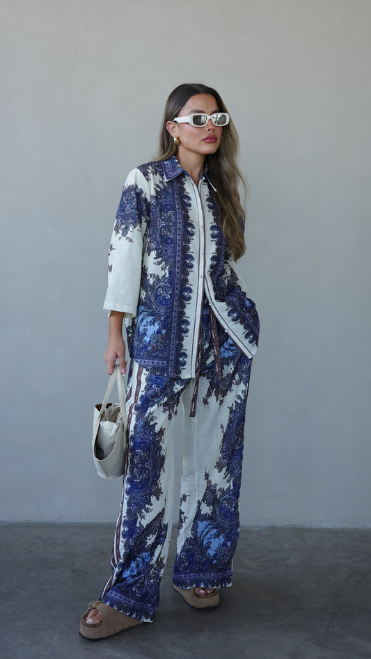 חליפת מכנס ולנסיה | שמנת/כחול