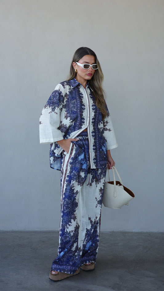 חליפת מכנס ולנסיה | שמנת/כחול