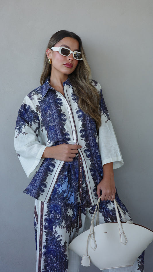 חליפת מכנס ולנסיה | שמנת/כחול