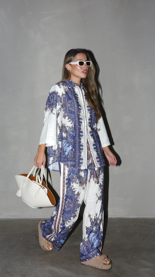 חליפת מכנס ולנסיה | שמנת/כחול