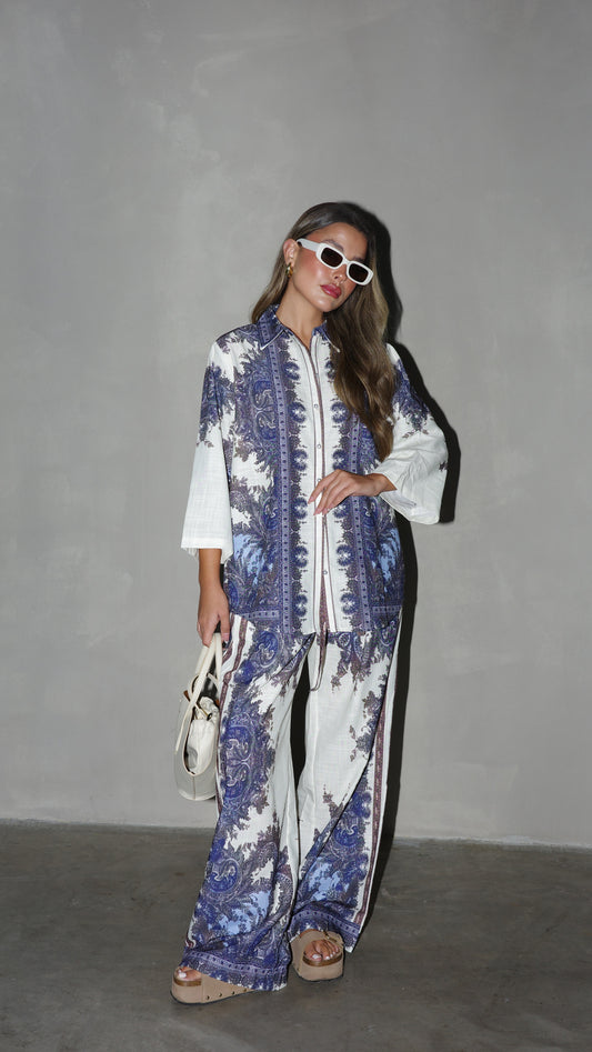 חליפת מכנס ולנסיה | שמנת/כחול