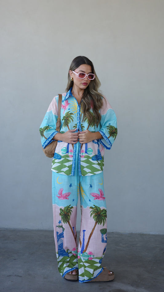 חליפת מכנס מליבו | תכלת/ורוד