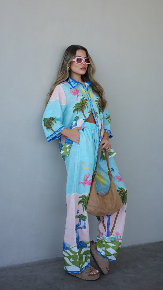 חליפת מכנס מליבו | תכלת/ורוד