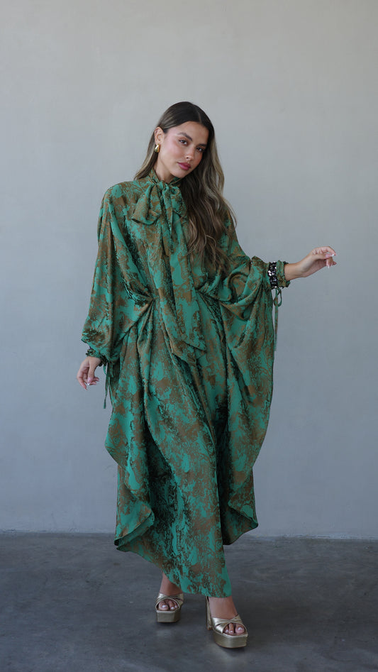 שמלת אוברסייז מעוגלת עניבה גוצי | ירוק