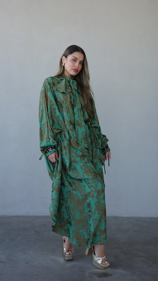 שמלת אוברסייז מעוגלת עניבה גוצי | ירוק