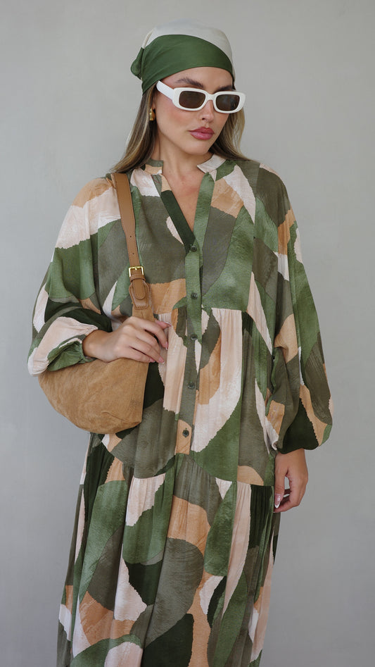 גלביה קומות כפתורים אמיליה | ירוק/בז