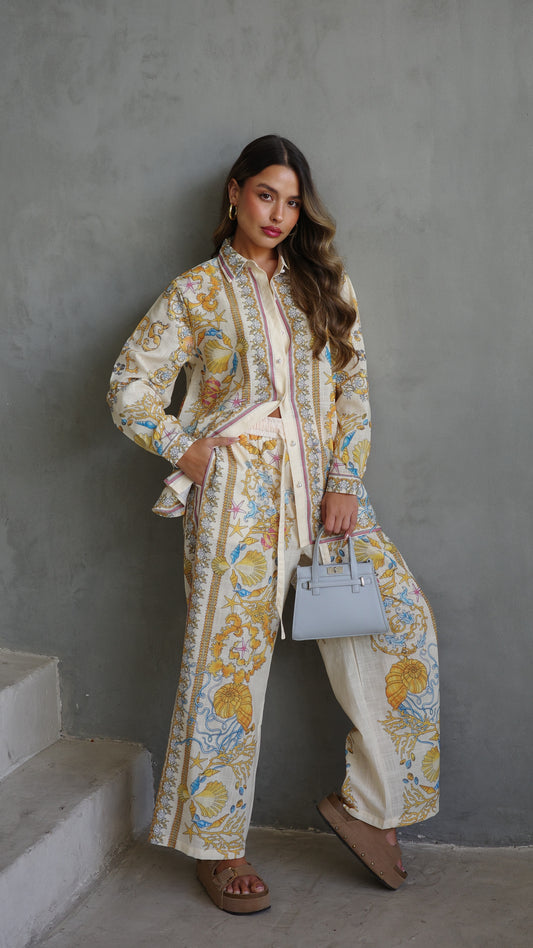 חליפת מכנס קלואה | שמנת/צהוב