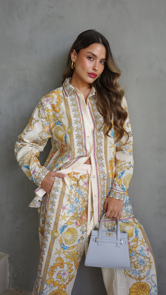 חליפת מכנס קלואה | שמנת/צהוב