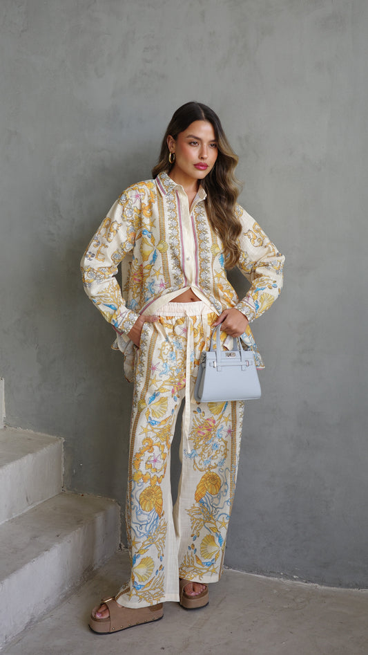 חליפת מכנס קלואה | שמנת/צהוב