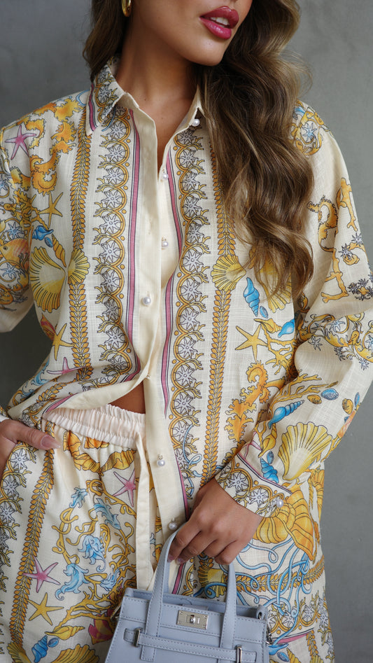 חליפת מכנס קלואה | שמנת/צהוב