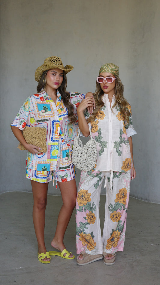 חליפת מכנס קנקון | לבן/ורוד