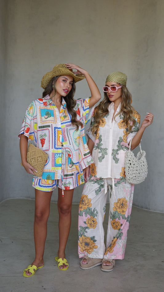 חליפת מכנס קנקון | לבן/ורוד