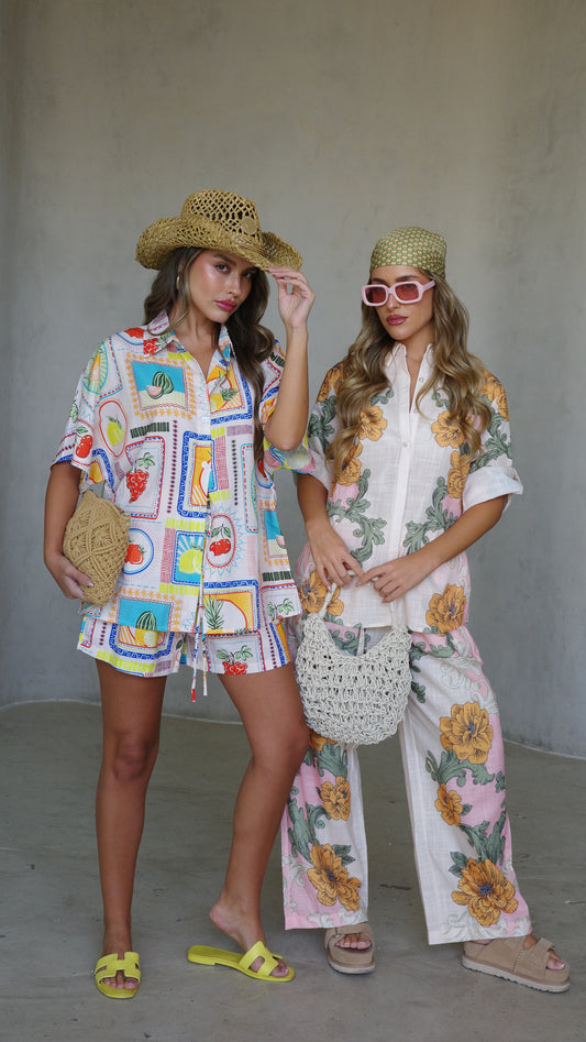 חליפת מכנס קנקון | לבן/ורוד