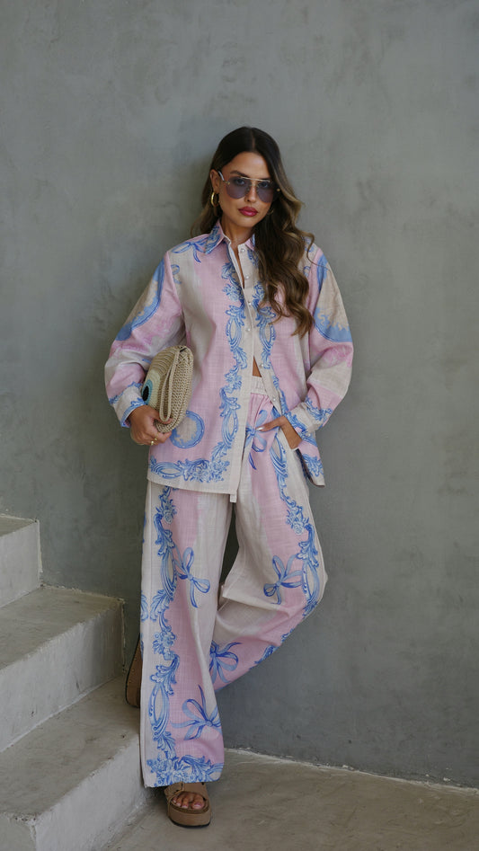 חליפת מכנס הוואנה| שמנת/ורוד