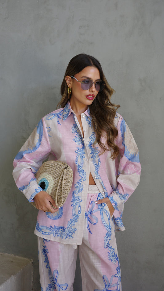 חליפת מכנס הוואנה| שמנת/ורוד