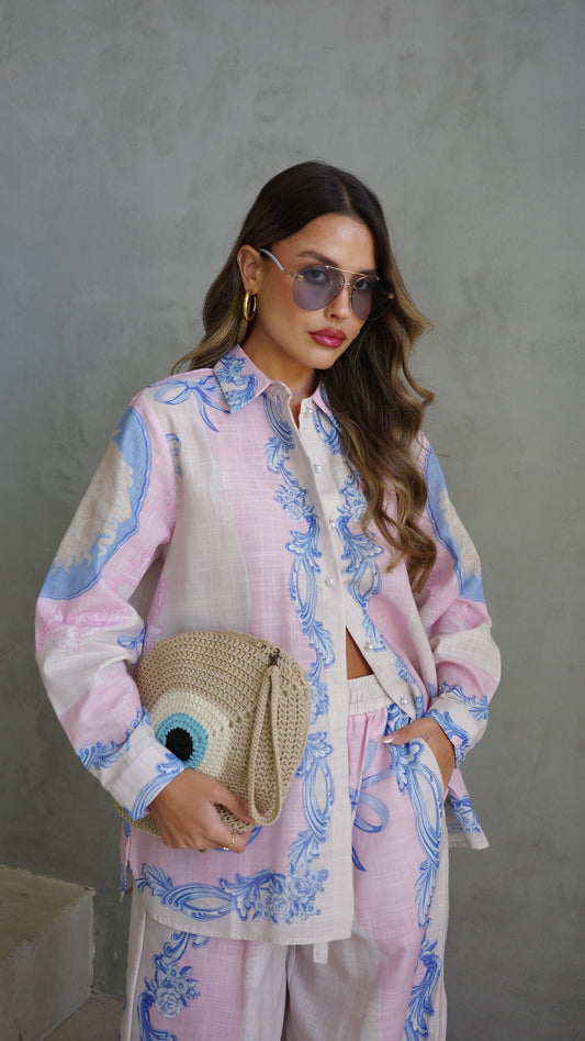 חליפת מכנס הוואנה| שמנת/ורוד