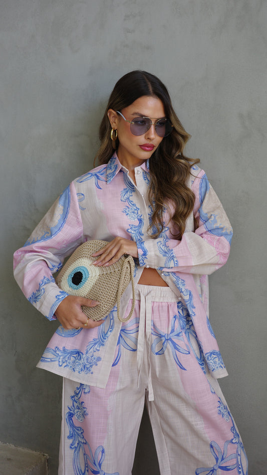 חליפת מכנס הוואנה| שמנת/ורוד