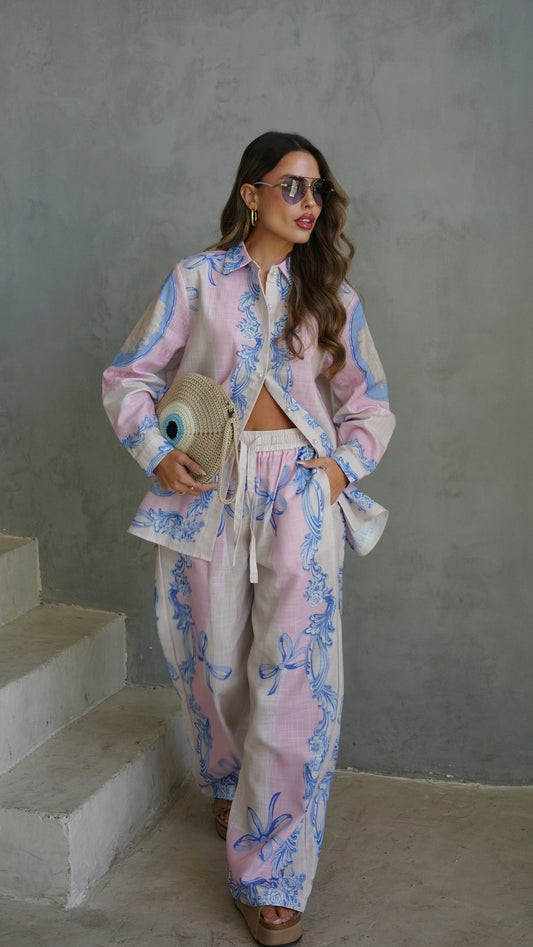 חליפת מכנס הוואנה| שמנת/ורוד