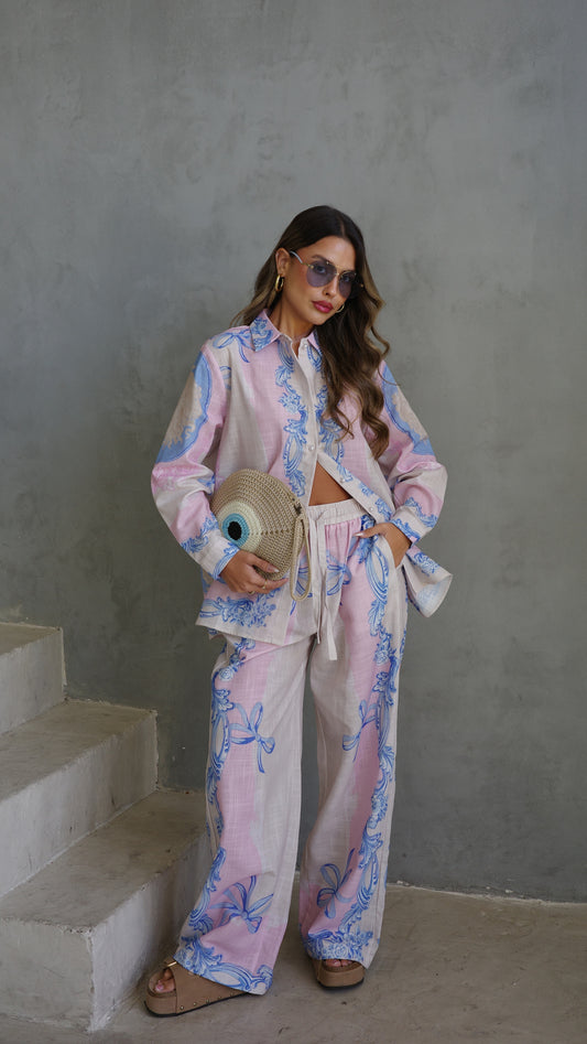 חליפת מכנס הוואנה| שמנת/ורוד