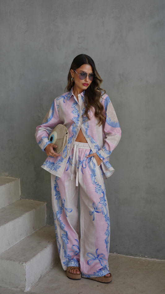 חליפת מכנס הוואנה| שמנת/ורוד