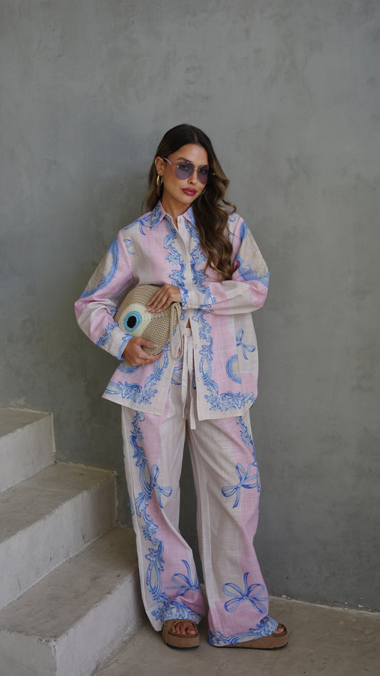 חליפת מכנס הוואנה| שמנת/ורוד