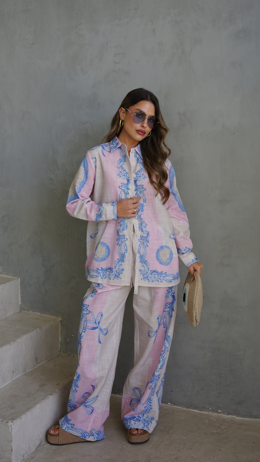 חליפת מכנס הוואנה| שמנת/ורוד