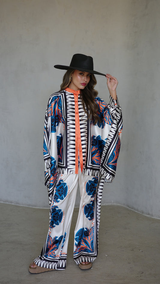 חליפת מכנס קימונו טוקיו | שמנת/טורקיז