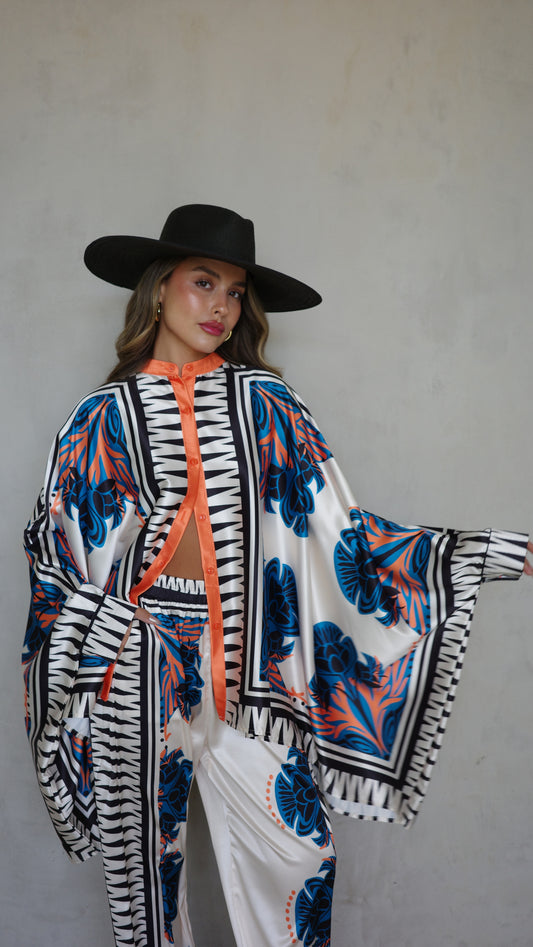 חליפת מכנס קימונו טוקיו | שמנת/טורקיז